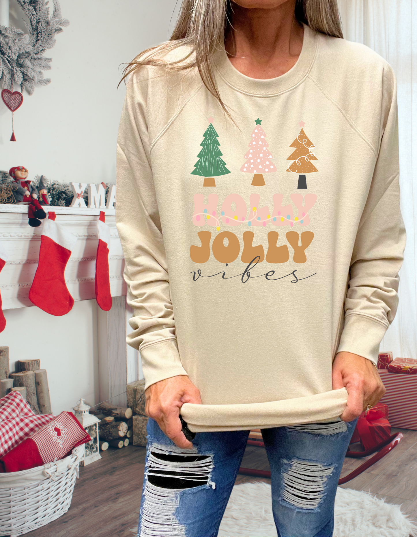Holly Jolly Vibes, sand sweatshirt