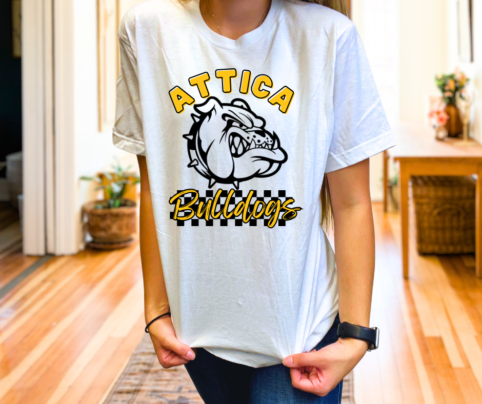 Checkered Bulldogs, tee in toddler, youth, & adult