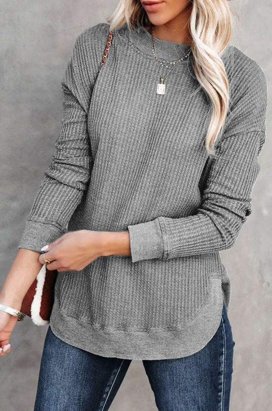 Textured & True, waffle knit top in grey